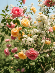A vibrant rose bush with a mix of blooming pink and yellow roses in a sunny summer garden.