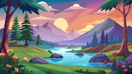 Fototapeta premium Vector art of serene cartoon landscape at sunset with a gentle river flowing past mountains, trees, and rocks, bathed in the warm glow of the setting sun and colorful sky