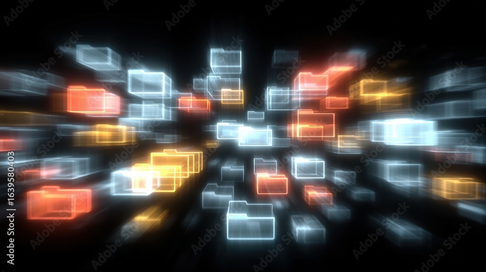 Poster abstract network grid with files and folders, futuristic software interface, digital document manage