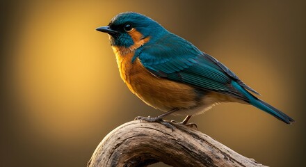 close shot of blue robin with yellow chest perched on a textured branch against golden background