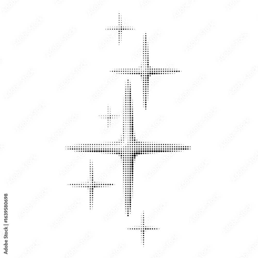 Poster vector halftone star sparkles composition with retro dotted texture. monochrome black elements on wh