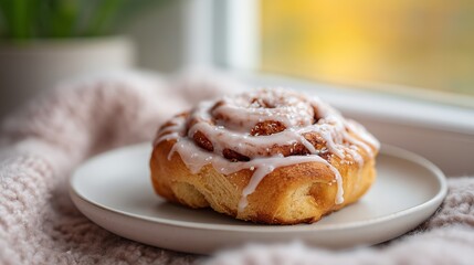 Cinnamon Roll with Lavender Glaze and Apple Slices in Autumn Light