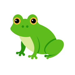 Obraz premium Green frog cartoon sitting on white background, cute amphibian character with big eyes and a smile, vector illustration of a wild frog, funny and isolated design