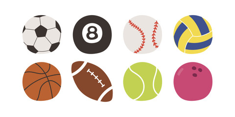 8種類の球技ボールが揃ったかわいいスポーツイラストセット