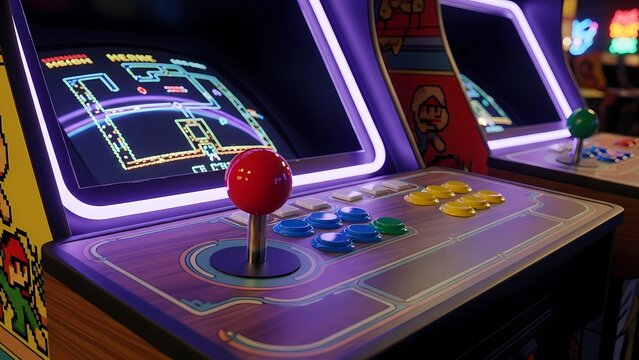 A retro arcade machine glows with neon lights, inviting gamers to play classic titles, chase high scores, and relive the golden age of arcade gaming. - Powered by Adobe