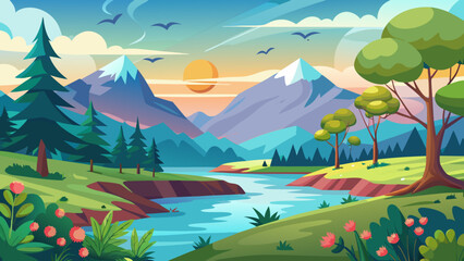 Fototapeta premium Vector art of vibrant cartoon landscape with majestic mountains, a winding river, lush green hills, and a warm sun setting in a colorful sky