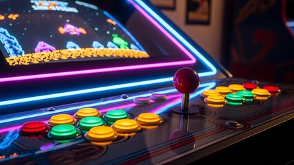 A retro arcade machine glows with neon lights, inviting gamers to play classic titles, chase high scores, and relive the golden age of arcade gaming.