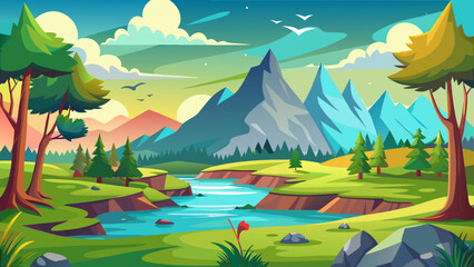 Obraz premium Vector art of idyllic cartoon landscape featuring snowcapped mountains, a clear river, green meadows, and trees under a bright, cloudy sky