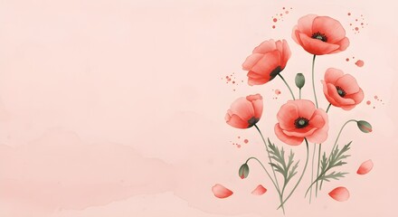 watercolor illustration of poppy flowers with pink background