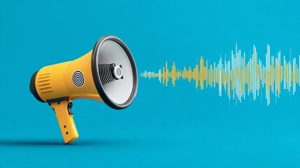 A yellow bullhorn emits sound waves, pictured against a solid blue background