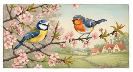 bird on a blossom branch watercolor illustration of nature