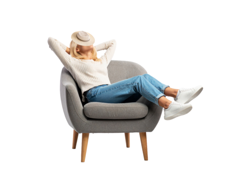 A woman sitting in chair with arms resting on lap,