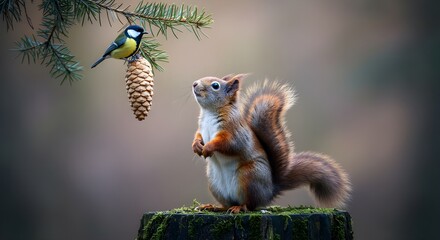 natures love, squirrel gazing at the sparrow sitting beside on the pines cone seems as whispering nature