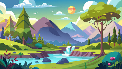 Obraz premium Vector art of charming cartoon depiction of a mountain landscape with a flowing river, a small waterfall, verdant hills, and a prominent tree against a backdrop of colorful mountains and sky