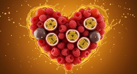 raspberry in the love heart silhouette in the splash of yellow serum, making eye catching look of fruits