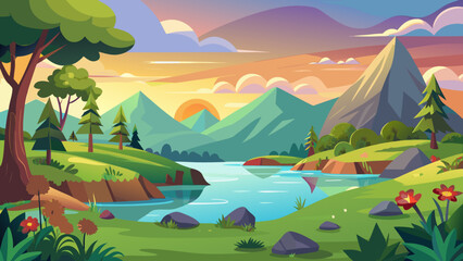 Obraz premium Vector art of artistic cartoon depiction of a mountain range reflected in a calm river during a beautiful sunset, with vibrant colors in the sky