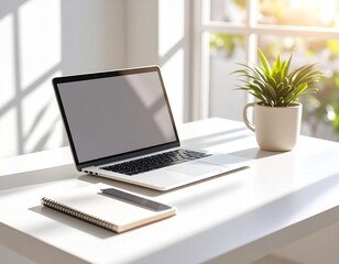 Fototapeta premium Modern Minimal Office Desk with Laptop, Coffee, and Notebook