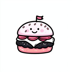 Cheerful Pink Cartoon Burger with Sesame Seeds and Tomato Slices, Generative AI