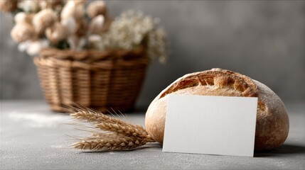 Artisan crusty round bread loaf with wheat background
