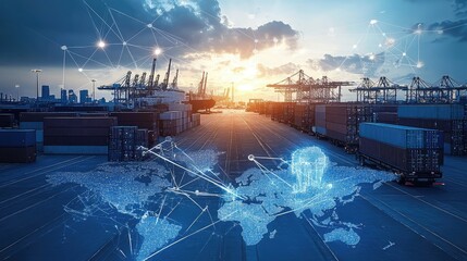 A global logistics network with a world map overlay on a busy port terminal with a truck and cranes. A concept for a smart supply chain, IoT, and the digitalization of international trade.