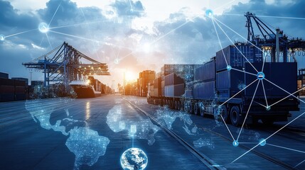 A global logistics network with a world map overlay on a busy port terminal with a truck and cranes. A concept for a smart supply chain, IoT, and the digitalization of international trade.