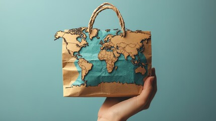 A 3D paper-craft world map with leaves emerges from a shopping bag. A concept for sustainable shopping, green consumerism, ethical sourcing, and environmental consciousness.