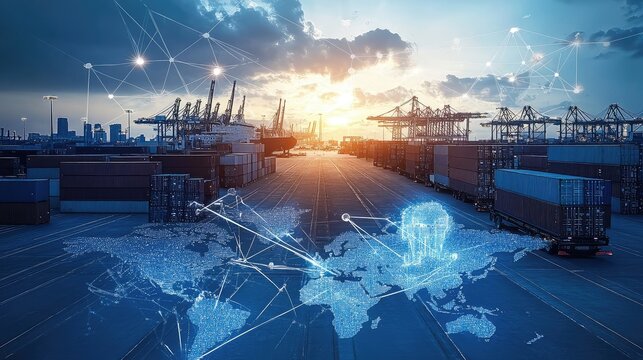 A global logistics network with a world map overlay on a busy port terminal with a truck and cranes. A concept for a smart supply chain, IoT, and the digitalization of international trade. - Powered by Adobe