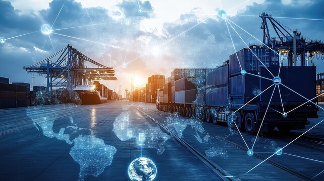 A global logistics network with a world map overlay on a busy port terminal with a truck and cranes. A concept for a smart supply chain, IoT, and the digitalization of international trade.