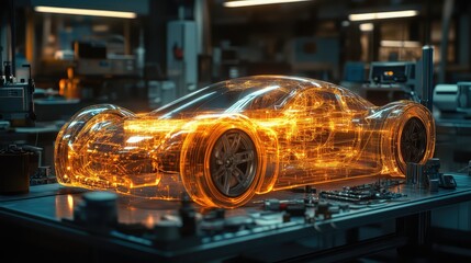 Holographic interface showing a 3D wireframe model of a concept sports car on a workbench. Concept for augmented reality in automotive engineering, EV battery development, and innovative R&D.