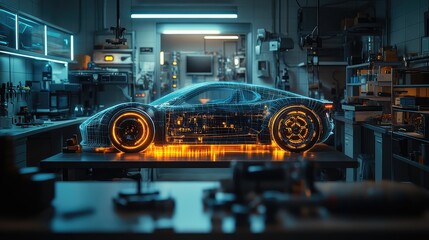Holographic interface showing a 3D wireframe model of a concept sports car on a workbench. Concept for augmented reality in automotive engineering, EV battery development, and innovative R&D.