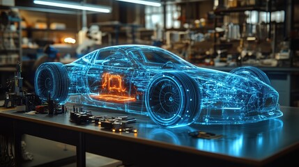 Holographic interface showing a 3D wireframe model of a concept sports car on a workbench. Concept for augmented reality in automotive engineering, EV battery development, and innovative R&D.