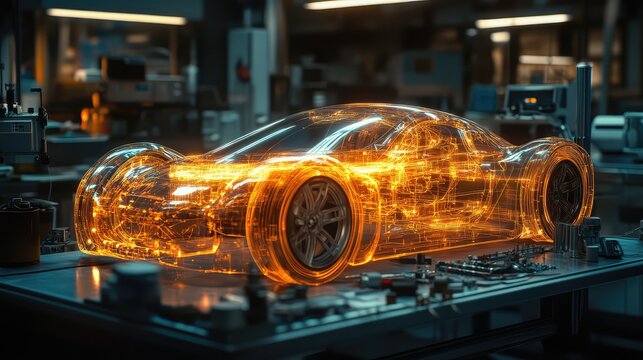 Holographic interface showing a 3D wireframe model of a concept sports car on a workbench. Concept for augmented reality in automotive engineering, EV battery development, and innovative R&D.