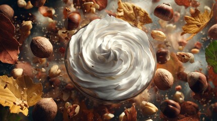Whipped cream dollop surrounded by toasted nuts and fall leaves. Luxurious food background