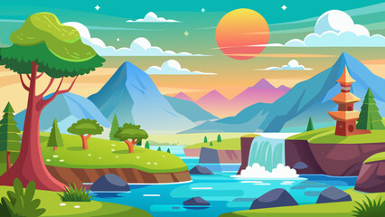 Vector art of enchanting mountain landscape featuring a cascading waterfall into a river, a traditional pagoda, and a bright sun setting over the horizon