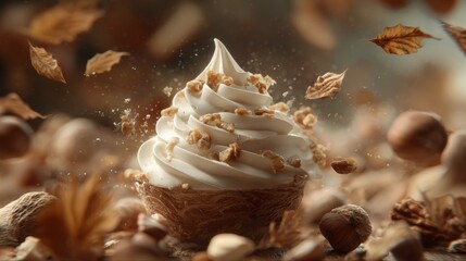 Whipped cream dollop surrounded by toasted nuts and fall leaves. Luxurious food background