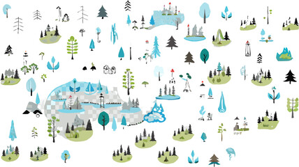 Obraz premium Illustration featuring a variety of stylized trees and forest landscapes scattered across a white background silhouette