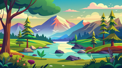 Obraz premium Vector art of vibrant cartoon landscape with majestic mountains, a winding river, and lush green trees under a colorful sky at dawn or dusk