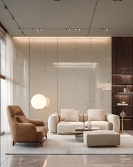 Modern living room with beige furniture, glass panels, and warm lighting
