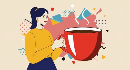 Morning Coffee Ritual: A stylish individual holds a steaming cup of coffee, accompanied by vibrant abstract shapes in a warm, inviting illustration, setting a relaxing atmosphere.