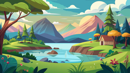 Obraz premium Vector art of vibrant cartoon landscape with majestic mountains, a serene river, lush green hills, and a cozy cabin under a colorful sky