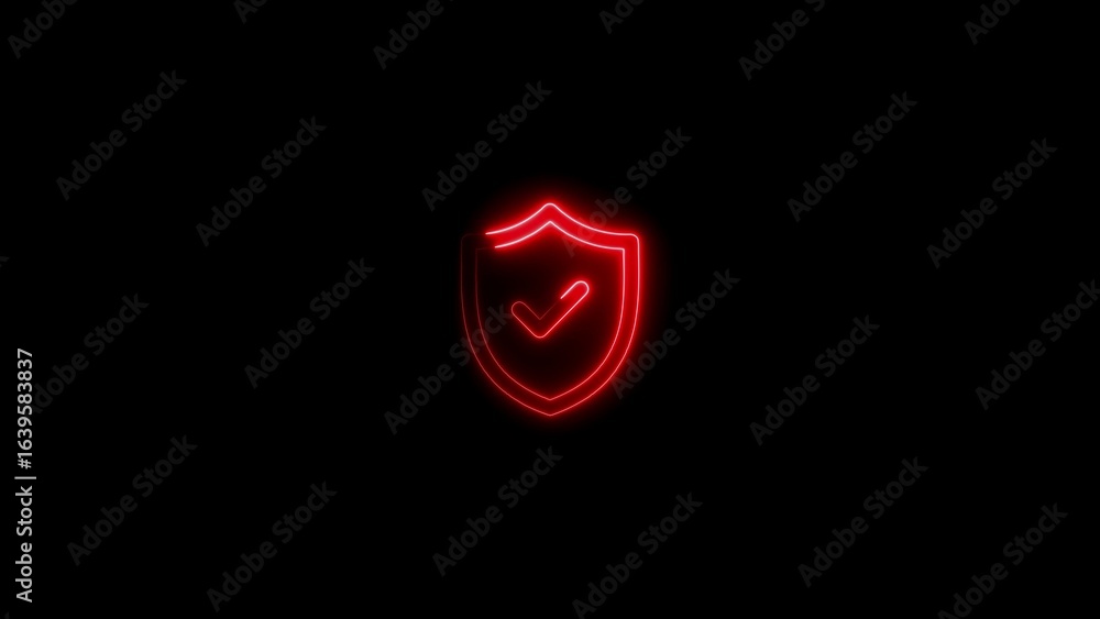 Poster glowing red neon shield symbol with checkmark representing security and protection concept