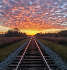 Obraz premium A dramatic low-angle view of a railway track receding into the distance, with a vivid pink and purple-colored cloudy sky at sunrise or sunset.