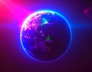 Fototapeta premium Neon Earth from Space with Glowing Blue and Pink Light