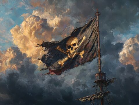 Dramatic Pirate Flag Illustration on a Ship Mast Against a Cloudy Sky - International Talk Like a Pirate Day