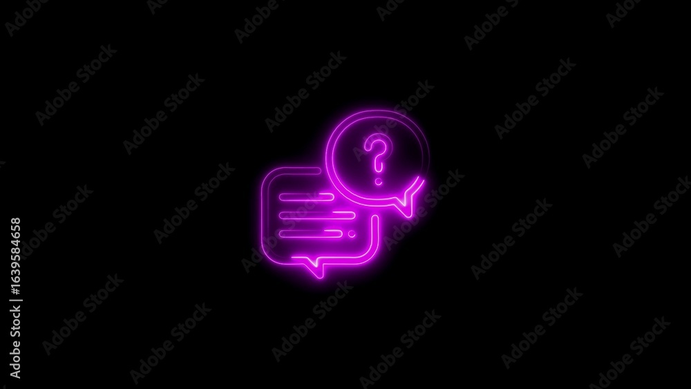 Poster glowing neon question mark and speech bubbles representing frequently asked questions on dark backgr