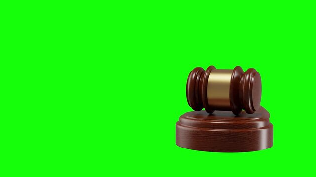 Judge's gavel on green chroma key backdrop, designed for easy keying and animation for legal concepts