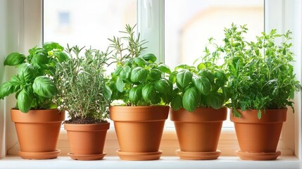 Fototapeta premium Fresh herbs in terracotta pots on a windowsill, sunny day, garden indoors