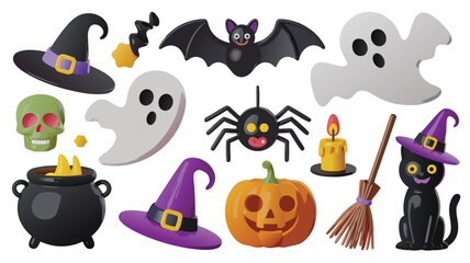 Spooky Halloween Cartoon Icons Ghosts, Witch Hats, Pumpkin, Bat, Skull, Cauldron and Black Cat