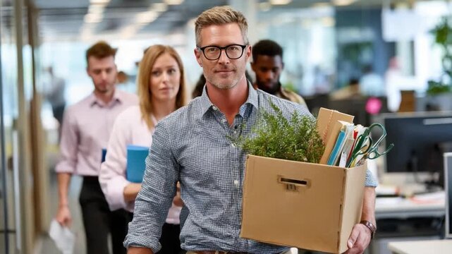 The End of A Chapter: A recently dismissed professional leaves the office, carrying his belongings in a box while colleagues observe, encapsulating themes of job loss, workplace dynamics.