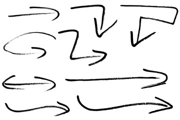 Set of arrow sign drawn with black marker on transparent background